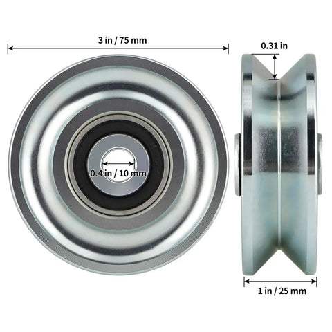 Front and side view of 3 Inch V Groove Wheel For Inverted V Track Gate Caster With Double Bearings Sliding Gate Wheel Workhorse Build For Heavy Duty 2000 Lbs Load Capacity Perfect For Barn Doors Fences And Outdoor Gates Skelang, showing 3 in diameter and 10 mm axle.