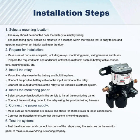 Installation steps for 12V 100 Amp Battery Disconnect Latching Relay with image of relay and wiring instructions for RVs and automobiles.