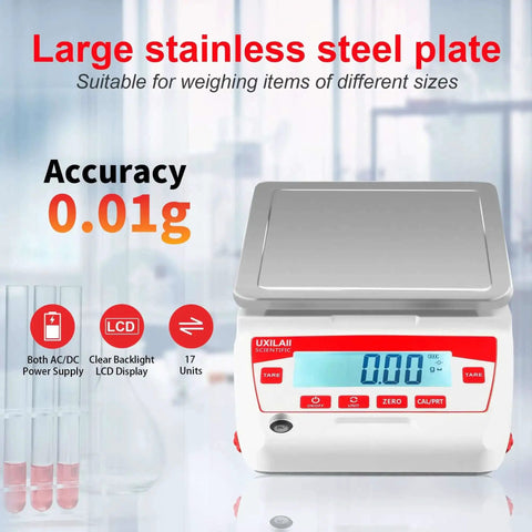 Crazy Precise Lab Scale 3200g Capacity With 0.01g Readability Electronic Analytical Balance Digital Scale For Lab Pros Jewelry And Scientific Use Includes 1Kg Calibration Weight Adjustable Feet Level Bubble Overload Alarm front view with stainless steel plate and LCD display