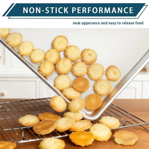 Cookies easily sliding off Six Pack Half Size Aluminum Baking Sheets Set For Oven Roasting PFOA PFOS PTFE Free, demonstrating non-stick performance.