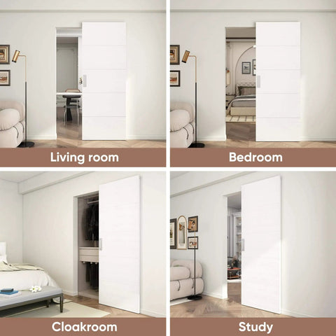 Concealed Sliding Barn Door With Soft Close Hardware Kit White Flush Hidden Door for openings in living room, bedroom, cloakroom, and study