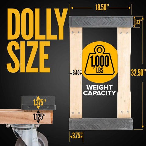 Dimensions of Heavy Duty Furniture Dolly With Rubber Caps And Non Marking 4 Inch Swivel Wheels, 1000 Lb Capacity shown in diagram.