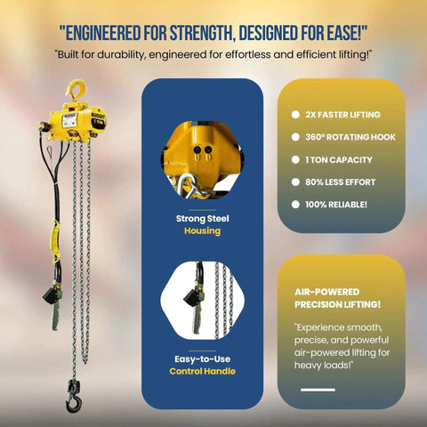 1 Ton Pneumatic Chain Hoist With 20 Ft Lift And Pendant Control with strong steel housing and easy-to-use control handle.