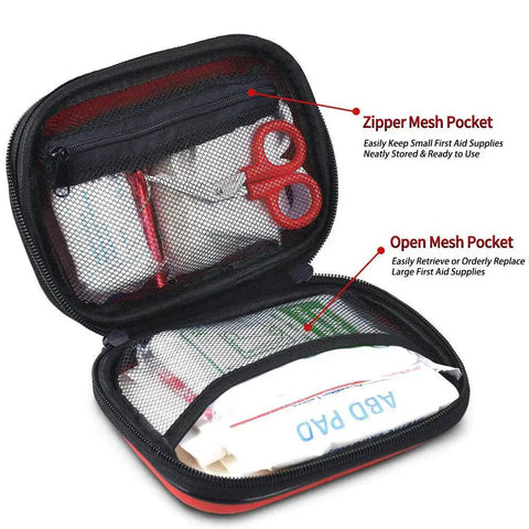 Open view of 85 Piece Hard Shell Mini Compact First Aid Kit For Grab And Go Travel And Outdoor Adventures, showing mesh pockets with supplies.