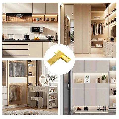 10 Pack Edge Finger Pulls for Cabinets, 4.72 inch length with 96 mm hole center, concealed hidden edge pulls in gold finish, shown in kitchen and closet setups