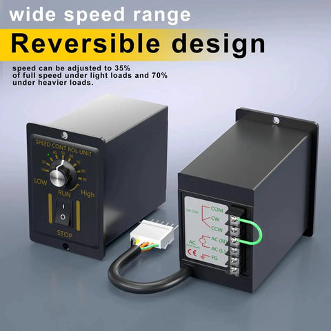 Speed controller for 6W 110V Reversible AC Motor with 450 RPM Gear Reducer and 3 to 1 Gear Reduction, 50 60 Hz operation, Bemonoc.