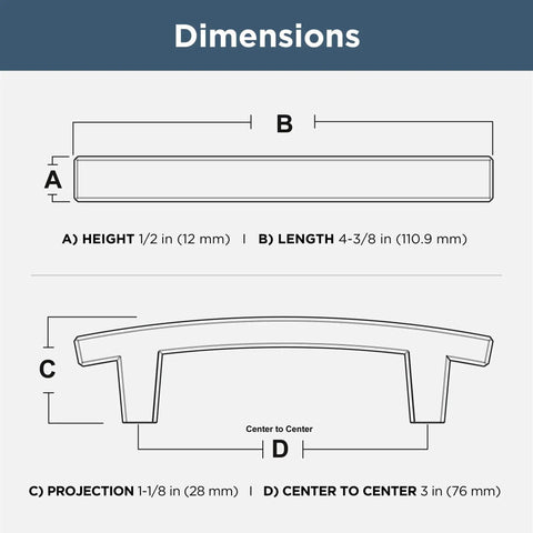 Dimensions diagram of Brushed Nickel Cabinet Handles 10 Pack 3 Inch Center To Center Drawer Pulls For Kitchen Cabinets Doors And Dressers.