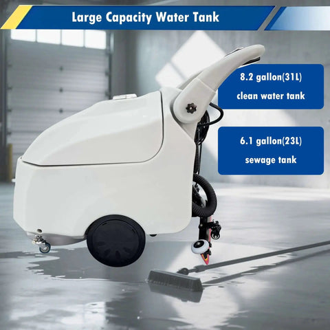 Side view of Heavy Duty Industrial Corded Floor Scrubber Workhorse With 16.3 Inch Brush And 1750 Square Meters Per Hour Cleaning Dual 31 Liter And 23 Liter Tanks Ideal For Airports Factories And Warehouses 110V Commercial Cleaning Machine