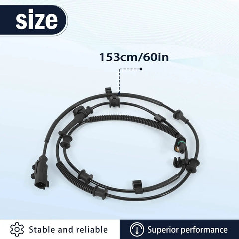 Two ABS wheel speed sensors with wiring harness for Jeep Wrangler/Gladiator front wheels, black plastic, 153 cm long