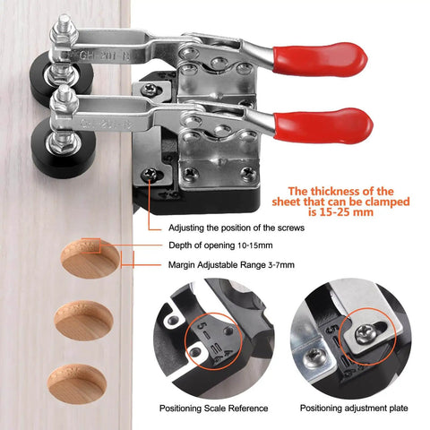 35mm Concealed Door Hinge Jig for Cabinets Pro Grade Aluminum Alloy Guide in use with measurements and adjustments visible