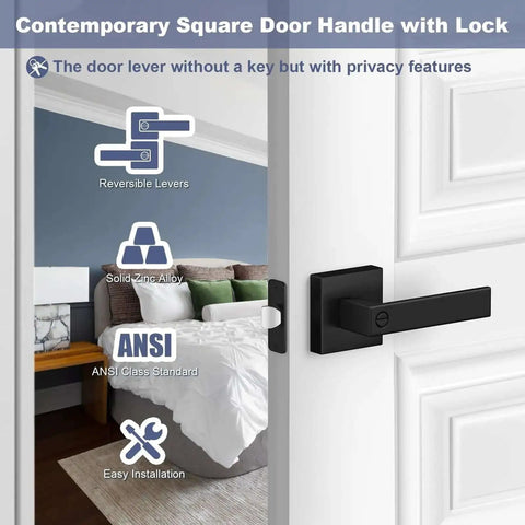 Privacy Door Lock Set 10 Pack Matte Black Keyless Door Handles for Interior Doors shown installed in bedroom scene