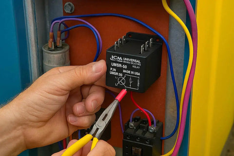 Universal Motor Starting Relay For Heavy Duty Single Phase Motors Up To 10 HP With 50A Switching Capacity Replacement ICM UMSR50 Pro Grade Auto Electric Relay Designed To Replace Most Standard Relays And Simplify Stock Authorized Distributor Warranty installed with wires