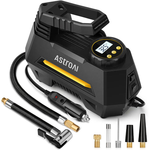 Portable Tire Inflator On The Go With Digital Gauge And Emergency LED Light For Cars And Bikes 12V DC Car Air Pump with nozzle attachments.