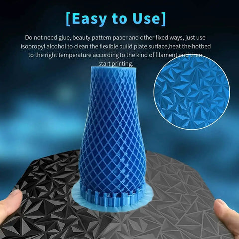 Close-up of Dual Sided PEI 300x300 Build Plate with Smooth and Textured Surfaces in use with 3D printed vase, showing textured side