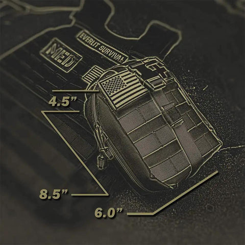 Black emergency trauma kit with CAT Gen 7 tourniquet and 36 inch splint for outdoor adventures, displayed with size dimensions