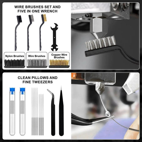 Image showing parts of a 212 Piece 3D Printer Tool Kit with deburring tools, wire brushes, tweezers for easy disassembly and cleaning.