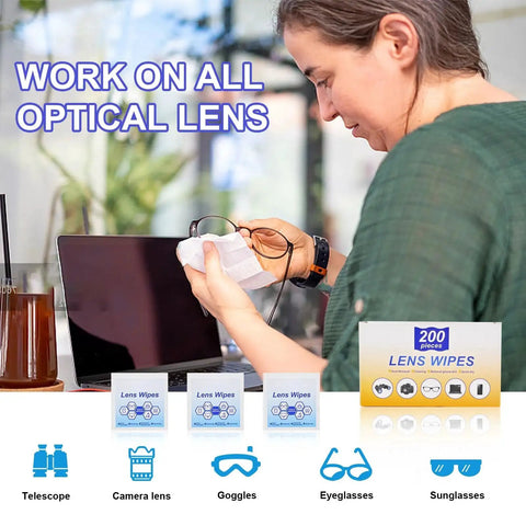 Woman using Pre Wet Lens Wipes For Eyeglasses And Camera Lenses Screens Packaged 200 Pcs near laptop and glasses with packaging displayed