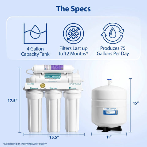 Essence Series 75 GPD 6 Stage Alkaline Mineral PH Plus Reverse Osmosis Drinking Water Filter System with tank dimensions.