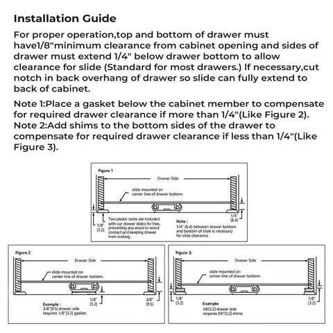 Installation guide for center mount drawer slides for cabinets and dressers, showing installation diagrams and instructions for proper fitting.