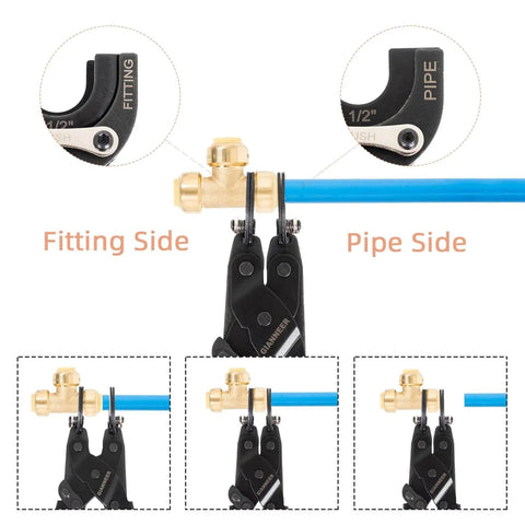 GIANNEER Push Fittings Removal Tool Three Size Disconnect Tongs One Half Inch Three Quarter Inch One Inch For PEX Copper CPVC Fits Fittings Interchangeable Design Improved Version Compact Non Slip Grip For Easy Removal And Leak Free Piping Projects showing tool in use on a pipe and fitting.