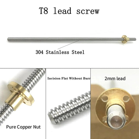 Two Pack 400mm TR8X2 Lead Screws With T8 Brass Nut For 3D Printer Z Axis Acme Thread 2mm Pitch 1 Start 2mm Lead Stainless Steel 304 Rods