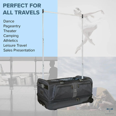 Dance Team Travel Bag With Garment Rack And Rolling Duffel 28 Inch Aluminum Clothes Rack for competitions and travel, black and gray.