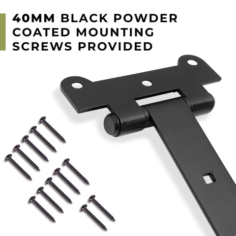 18-Inch Matte Black Barn Door Hinges with black coated screws, shows hinge detail and included screws, heavy duty 4mm thick iron.