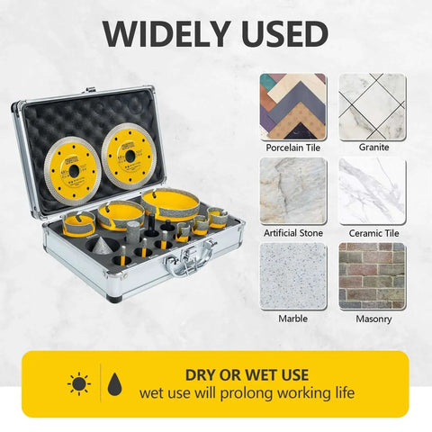 Pro Grade 15 Piece Diamond Tile Hole Saw Kit With 5 By 8 By 11 Thread Includes Saws From 6mm To 100mm, kit displayed in a case