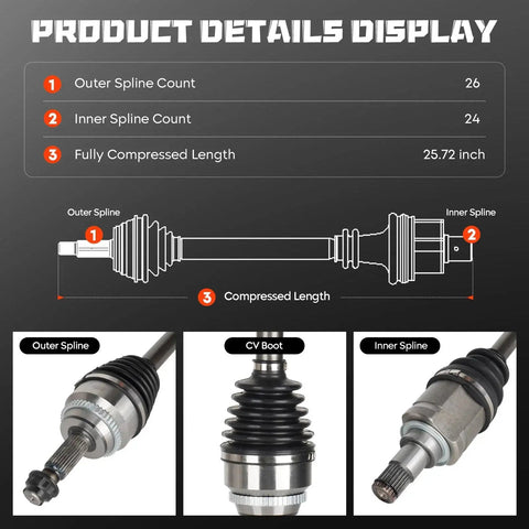 Toyota Camry Front Left CV Axle Shaft Assembly 2.5L with 24 inner and 26 outer splines, 25.72 inch length diagram and close-ups.