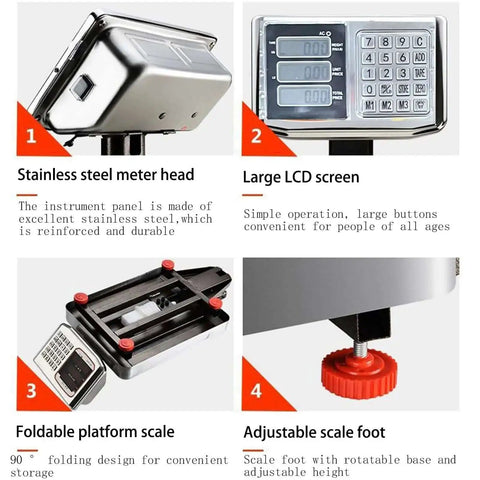 Heavy Duty Digital Postal Scale With 660 Lb Capacity Foldable Platform Stainless Steel Build Dual Sided Display features close-up of parts