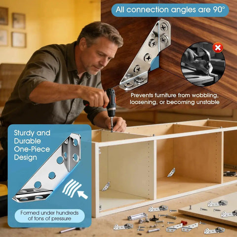 Man assembling cabinet using 24 Pack Premium Stainless Steel Corner Brackets For Wood Furniture Heavy Duty Triangle Braces For Cabinets Tables Chairs And Drawers Includes 144 Screws To Reinforce 90 Degree Corners