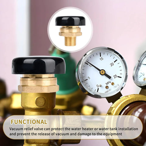 NBPLUS low-profile brass vacuum relief valve with black cap, 1/2 inch threaded fitting for water heater tanks