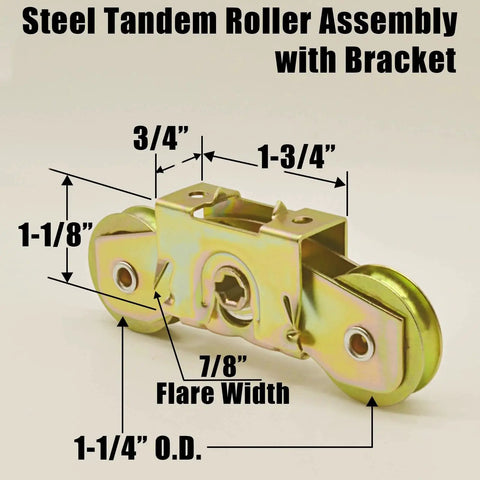 Steel tandem roller assembly with bracket dimensions for patio sliding door rollers replacement assembly.