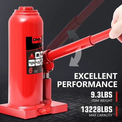 Heavy Duty 6 Ton Hydraulic Bottle Jack For Cars, Trucks And SUVs, Welded Steel Construction With Manual Handle, Red