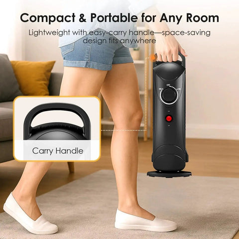 Person holding Efficient 700W Oil Filled Radiator Heater For Indoor Use With Adjustable Thermostat And Two Heat Settings Ultra Quiet Overheat Protection Small Space Heater For Bedroom Office Desk Black From Air Choice by handle