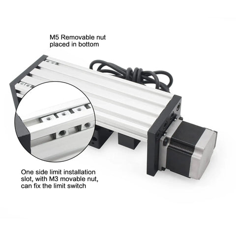 400mm 15.75 Inch Linear Motion Guide Actuator with dual linear rails, 1605 ballscrew, NEMA23 stepper motor, close-up view.