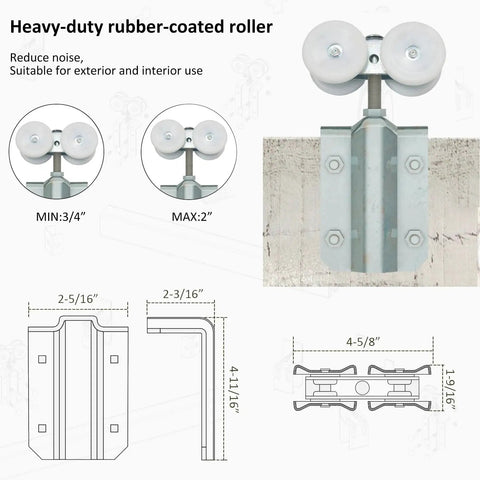 Heavy Duty Box Track Hanger With Bracket Kit for Exterior Sliding Barn Doors with rubber-coated roller, fits 1-3/8 to 2 inch doors.