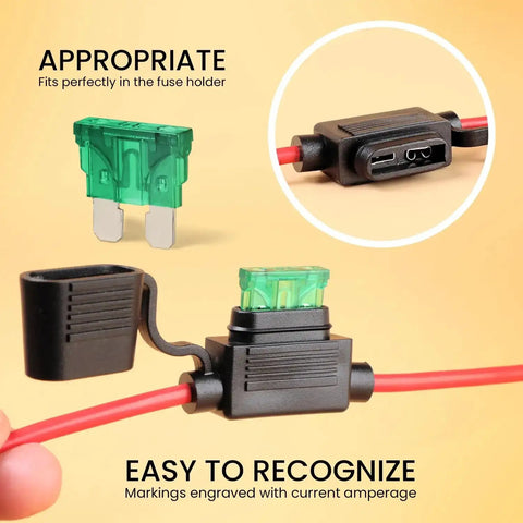 Road Ready Inline Fuse Holder Kit With 14 Gauge 2A To 40A ATC ATO Blade Fuses 5 Pack Includes 55 Car Fuses For Automotive Electrical Protection And Easy Install Today showing close-up of fuse holder and fuse.