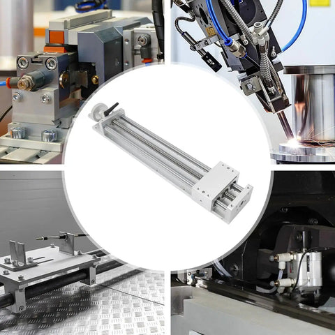 Manual Sliding Table CNC Slide With 400mm Travel Ball Screw Linear Stage for DIY routers and lathes, shown in various setups