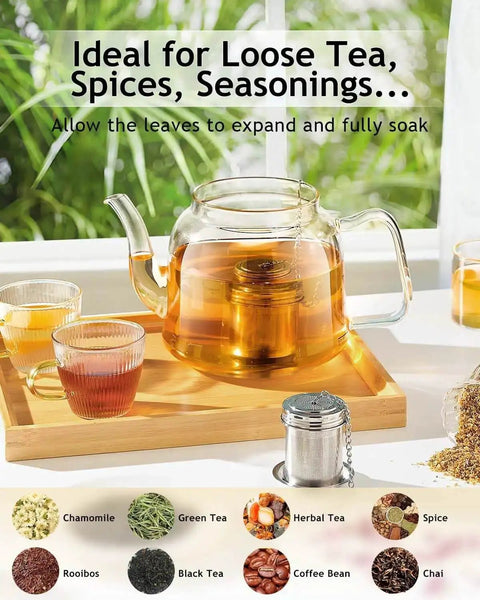 Two Pack Extra Fine Micron Mesh Tea Infusers With Extended Chain Hook for loose leaf tea next to glass teapot and cups on tray.