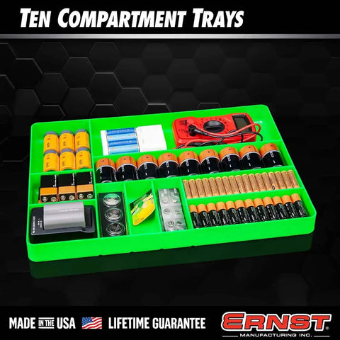 10 Compartment Drawer Organizer Tough As Nails Heavy Duty Stackable Tray for garage tool organization, holding batteries.