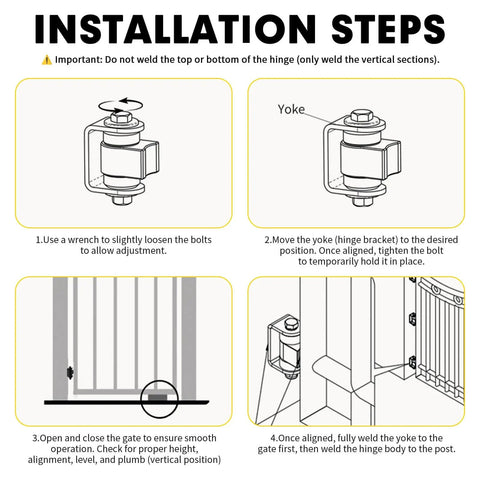 Installation steps for Heavy Duty Weld On Gate Hinges 4 Pack Adjustable Sealed Bearing Swing Gate Hardware For Metal Driveway Gates Farm Fences And Industrial Swing Gates That Are Tough As Nails Supports 1100 Lbs Each Smooth Quiet Operation illustration