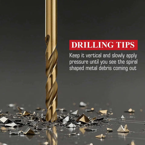 Close-up of a drill bit with metal shavings highlighting the 13 Piece Cobalt Drill Bit Set With M35 High Speed Steel 1/16 Inch To 1/4 Inch.