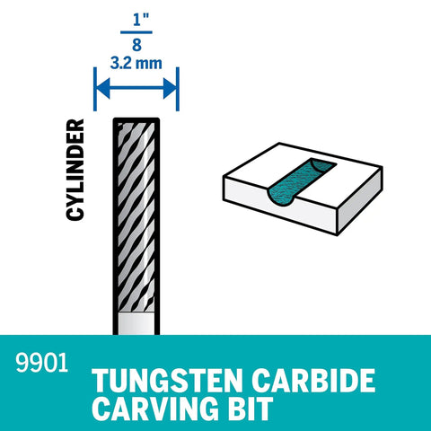 Heavy Duty Tungsten Carbide Cutter Bit For Rotary Tools Perfect For Aggressive Shaping Smoothing And Grinding Hard Metals Steel Cast Iron Ceramics Glass Stone And Plastics Great For Metal Engraving Wood Carving Glass Etching And Stone Projects, shown with 1/8 inch shank and cylindrical shape, 9901 model.
