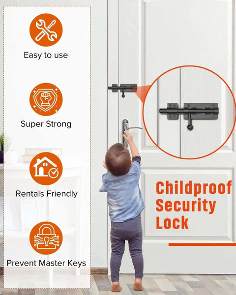 Childproof security lock on door with Heavy Duty Slide Bolt Gate Latch For Wooden Fence And Barn Doors 6.3 Inch 304 Stainless Steel.