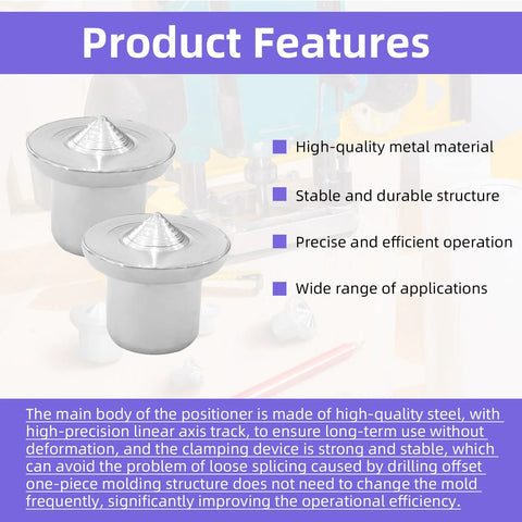 Two chrome-plated rust-resistant dowel center pins for woodworking with text highlighting features like stability and precision.