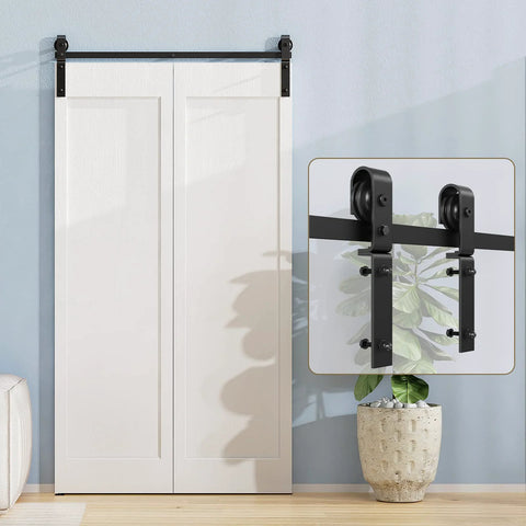 2.5Ft Bi Folding Sliding Barn Door Hardware Track Kit For Two Doors with Black Roller Kit and J Shape Track Installed