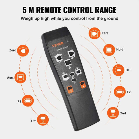 Remote control for Digital Crane Scale 6600 Lbs 3000 Kg Heavy Duty Hanging Scale with button functions displayed.