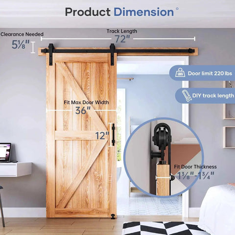 Image of 6 Ft Sliding Barn Door Hardware Kit with Track and J Pulley, installed on a single wooden door, showing product dimensions.