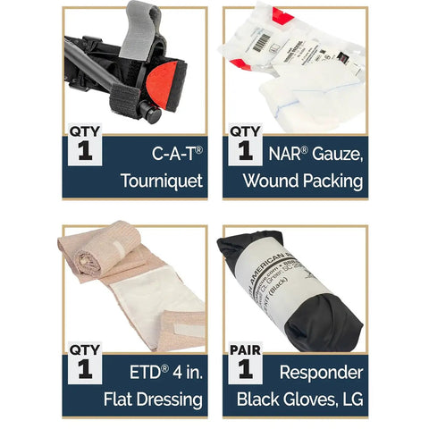 IPOK Compact First Aid Kit With C A T Tourniquet Gauze And Gloves By North American Rescue kit components displayed separately